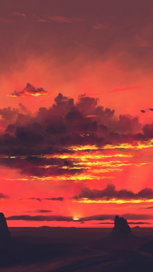 Digital art of a desert sunset with dramatic clouds