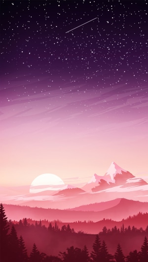 Sunset over mountains and forest with starry sky