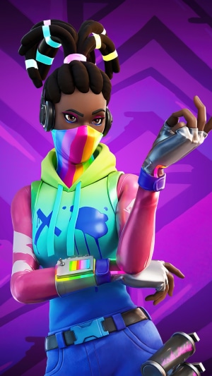 Fortnite character with rainbow mask and headphones