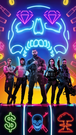 Army of the Dead characters in front of neon skull