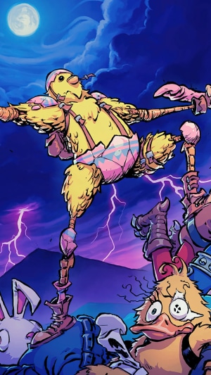 Cluck from Fortnite during a stormy night