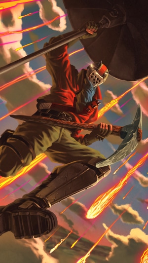 Character from Fortnite with pickaxe and shield