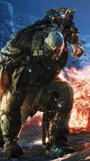 Outriders armored character with fire