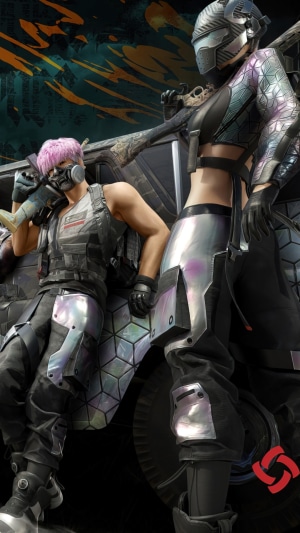 Two characters from PUBG leaning on a vehicle