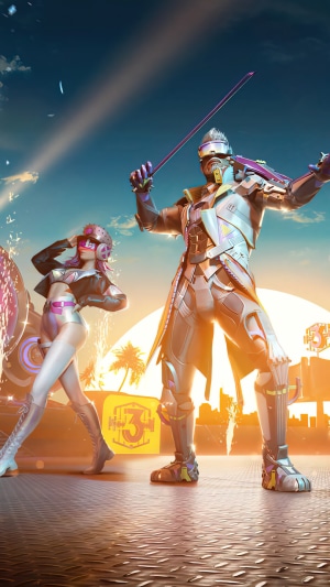 PUBG Mobile characters with futuristic outfits and violin