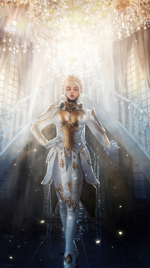 Woman in ornate white and gold armor