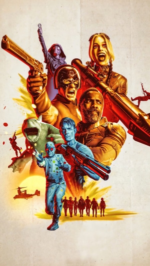 The Suicide Squad movie poster with Harley Quinn, Peacemaker, and others