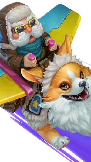 Corki from League of Legends riding a corgi on a plane