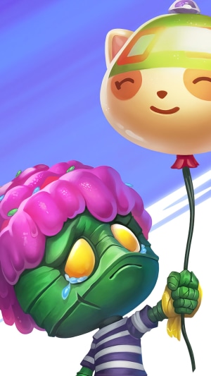 Amumu from League of Legends holding a balloon
