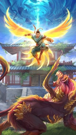Man with wings fighting a beast in front of a temple