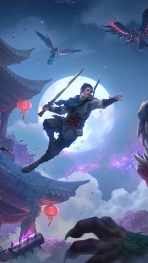 Man with sword fighting mythical creatures near pagoda