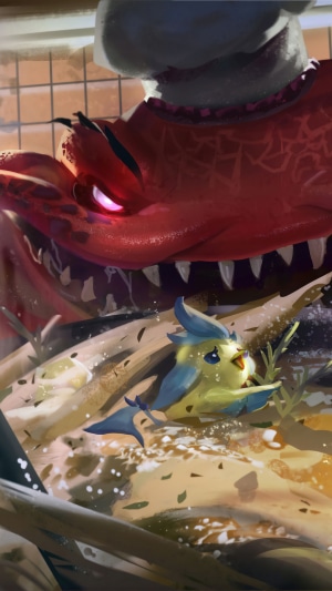 Tahm Kench from League of Legends with a bird