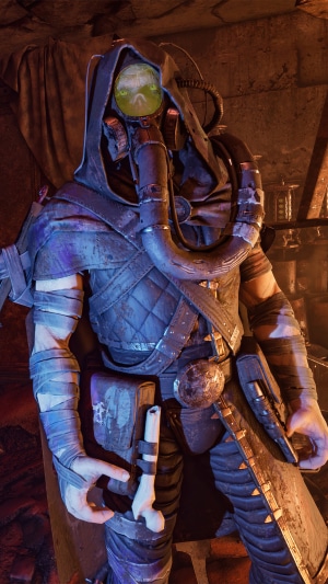 Necromunda Hired Gun character with gas mask
