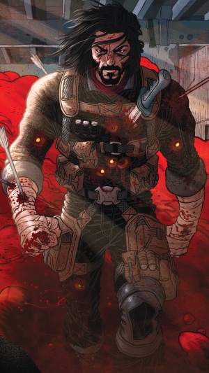BRZRKR comic character covered in blood and arrows