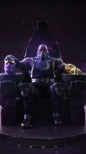 Darkseid sitting on throne holding Thanos' head