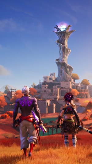 Two characters in Fortnite stand before a village and a glowing tower