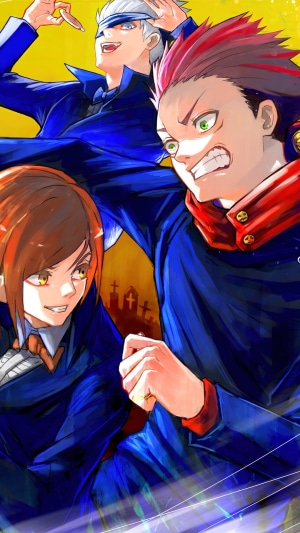 Jujutsu Kaisen characters Satoru Gojo, Yuji Itadori, and Nobara Kugisaki