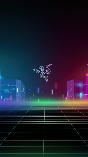 Razer logo over neon cityscape grid