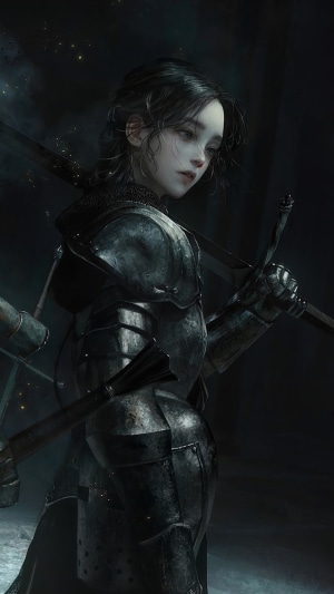 Young female knight in armor holding swords