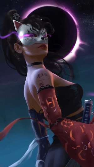 Woman in Kitsune mask with sword and eclipse