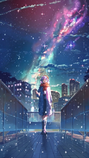 Anime girl in a snowy city under the Milky Way