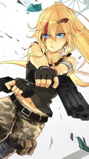Anime soldier girl with blonde hair holding two guns