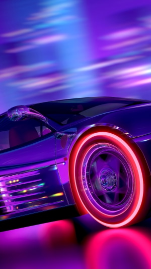 Sports car with neon lights in retrowave style