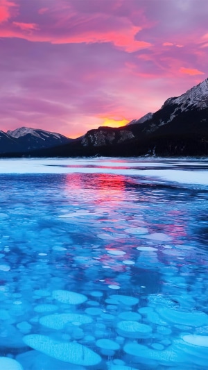 Frozen lake with bubbles at sunset in Alberta, Canada