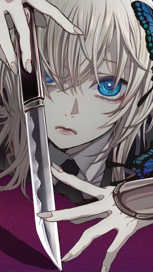 Anime girl with knife and butterflies