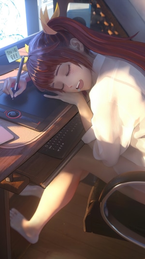 Anime girl sleeping at a desk with a drawing tablet