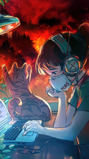 Anime girl with mask and cat using laptop during forest fire