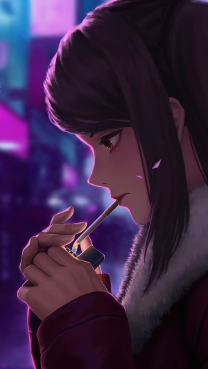 Anime girl lighting a cigarette at night