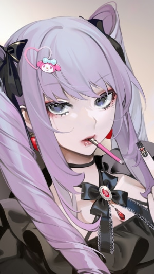 Anime girl with purple pigtails smoking