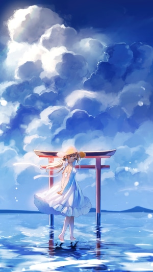 Anime girl in a white dress under a torii gate in the ocean