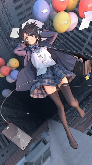 Anime girl with balloons floating above city