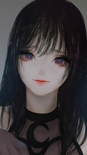 Anime girl with black hair and purple eyes