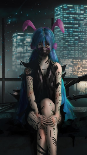Anime girl with blue hair and bunny ears wearing a mask