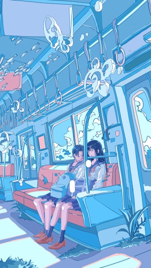 Two anime girls in school uniforms on a train