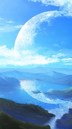 Anime landscape with a large moon and mountains