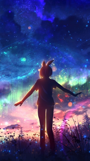 Anime girl with bunny ears under a starry sky