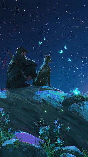 Man and dog watching the starry night sky