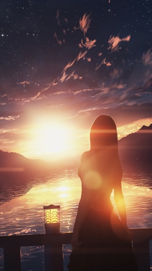 Anime girl watching sunset over lake