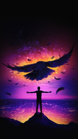 Silhouette of a person with a crow in a cosmic sky