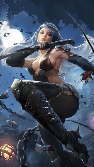 Fantasy warrior woman with swords in moonlight