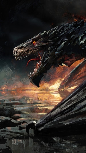 A black dragon with glowing red eyes breathes fire over a burning landscape.