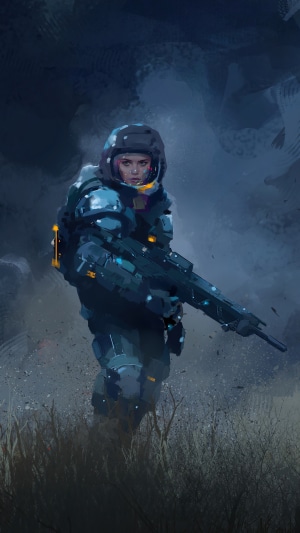 Sci-Fi Soldier in Futuristic Armor Holding a Rifle