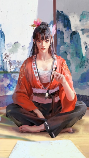 Girl painting in traditional oriental attire