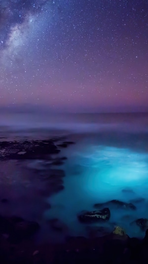 Milky Way over bioluminescent ocean at night