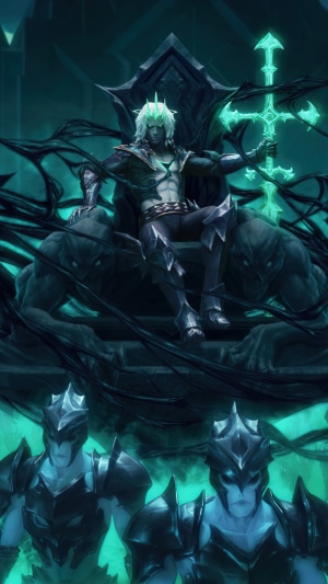Viego from League of Legends on a throne with spectral soldiers