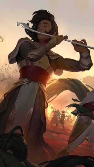 A musician plays a flute in front of a battle in Legends of Runeterra